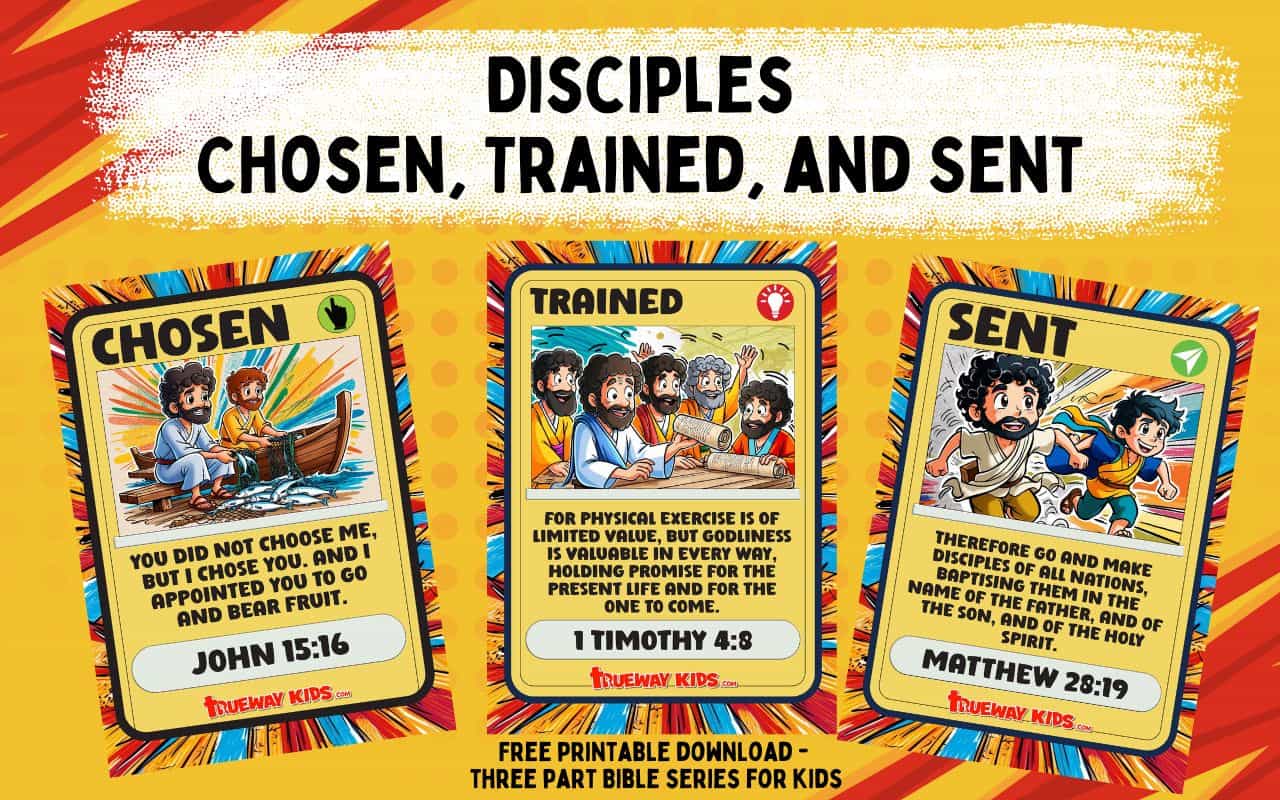 Explore 'Disciples: Chosen, Trained, and Sent,' a fun and interactive 3-part Bible series for kids. Packed with engaging lessons, activities, and trading card themes, this series helps children discover their role in Jesus' mission
