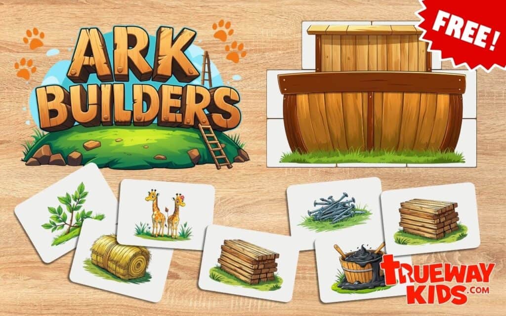 Download Ark Builders Game, a free printable, language-free Bible card game! Fun for Sunday School & homeschool, teaching teamwork & Noah’s Ark!