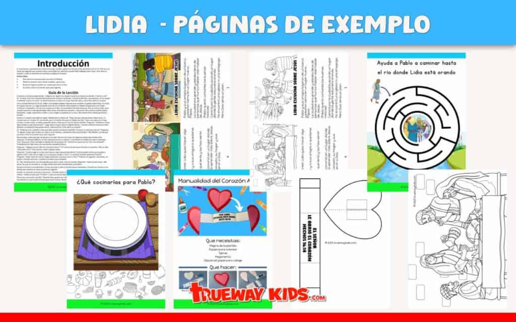 Páginas de ejemplo de la lección bíblica de Lidia con juegos, laberintos, recetas y actividades imprimibles