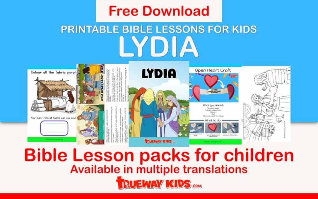 This image showcases the free printable Lydia Bible lesson pack for children by Trueway Kids. It includes engaging resources such as a coloring activity about purple cloth, Bible story illustrations, the “Open Heart” craft, and a Lydia character page. This free download is designed to help children learn the story of Lydia from Acts 16 in a fun and interactive way. Perfect for Sunday School, homeschool, and Christian families.
