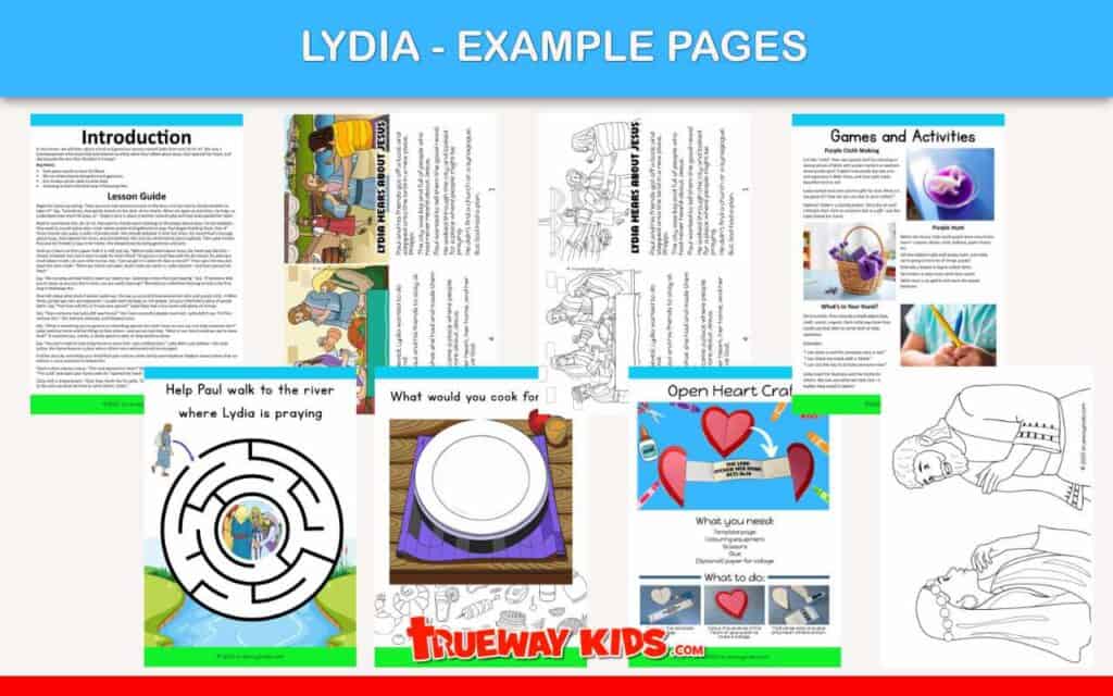 Preview of sample pages from the Lydia Bible story lesson pack for kids by Trueway Kids. The image features a detailed lesson introduction, storytelling visuals, interactive worksheets like a maze and food plate activity, coloring sheets, the “Open Heart” craft instructions, and hands-on Bible games. These free resources support teaching the story of Lydia in an age-appropriate and creative way.