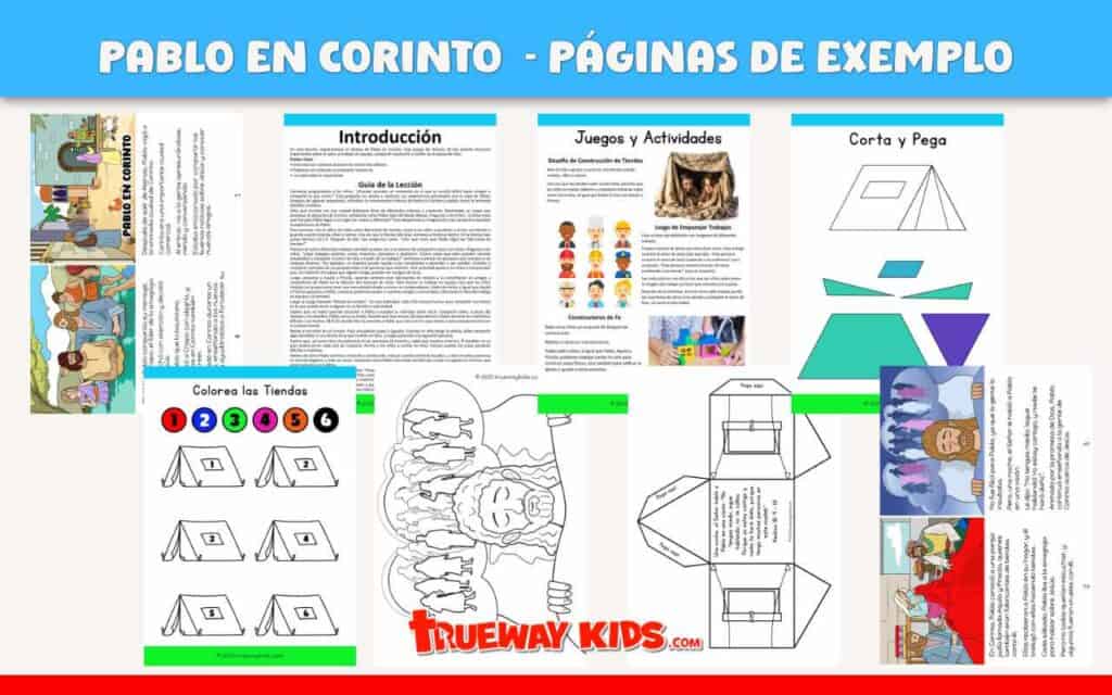 Explora ejemplos de actividades de la lección bíblica “Pablo en Corinto”: recorta y pega, colorea, encuentra las diferencias, empareja las tiendas y más. Recurso cristiano gratuito en español para niños.