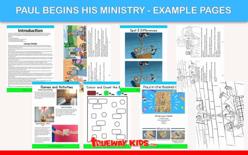Take a look inside our free printable Bible lesson on Acts 9: Paul Begins His Ministry. Fun activities like spot the difference, coloring, crafts, and more. Download free from TruewayKids