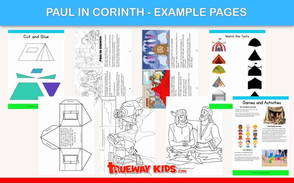 Preview sample pages from our Paul in Corinth Bible lesson pack! Includes cut-and-glue crafts, coloring sheets, matching games, and activity ideas. Perfect for Sunday School or home Bible study. Free to download.