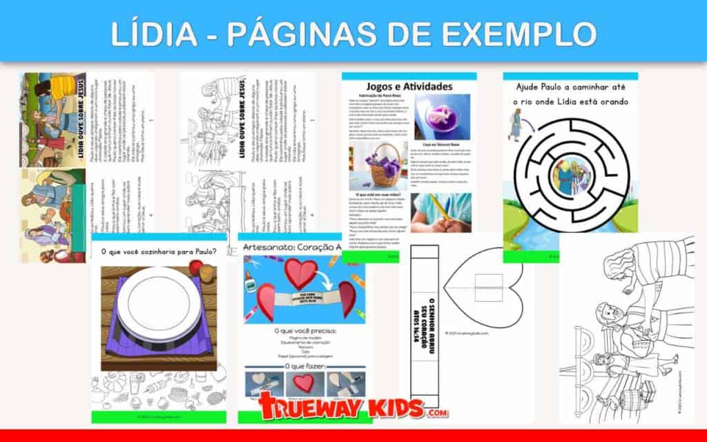 Visualização das páginas de exemplo da lição bíblica infantil “Lídia ouve sobre Jesus”. A imagem mostra atividades criativas como labirinto para ajudar Paulo a encontrar Lídia, jogo de “o que cozinhar para Paulo”, artesanato do coração, caça ao tesouro roxo e páginas para colorir. O conteúdo é gratuito e voltado para crianças de 3 a 8 anos, ensinando verdades bíblicas de forma divertida e acessível.