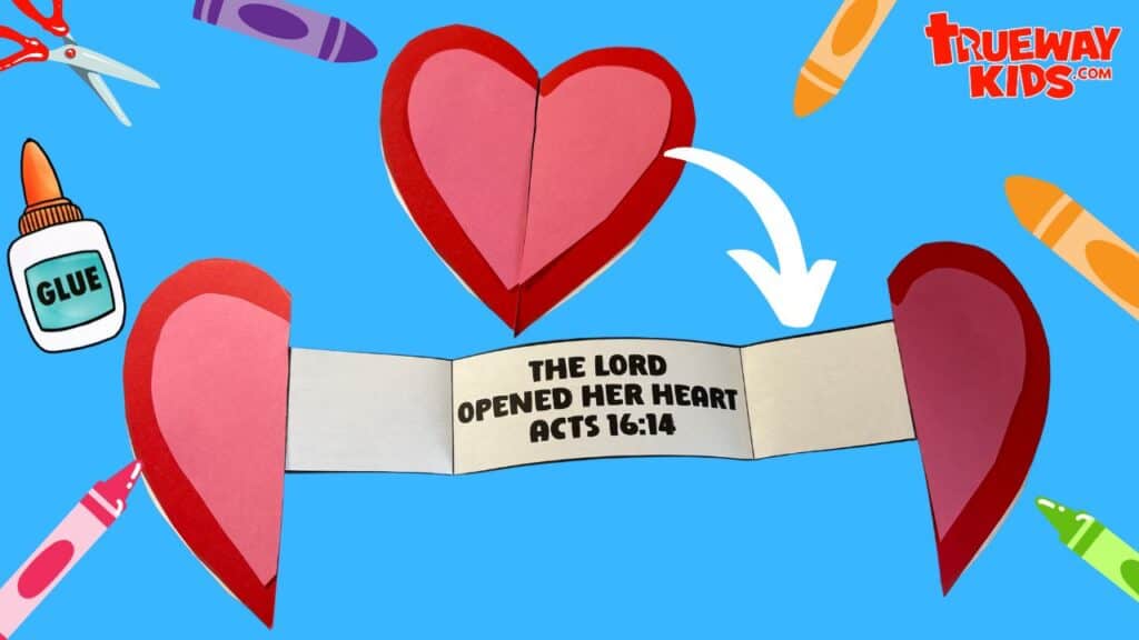 This creative "Open Heart" Bible craft for kids visually illustrates Acts 16:14, where "The Lord opened her heart"—the story of Lydia. The craft features layered paper hearts that open to reveal the Bible verse. it's a perfect hands-on activity included in the free Lydia lesson pack from Trueway Kids.