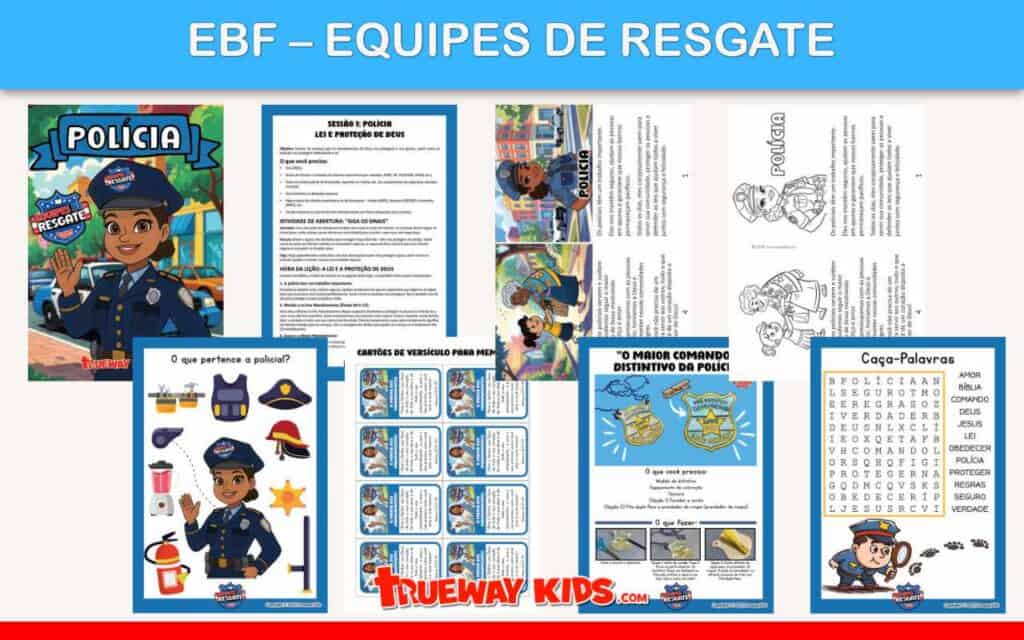 Confira páginas de exemplo da Lição 1 da EBF – Equipes de Resgate! Atividades, versículos, caça-palavras, histórias bíblicas e muito mais para ensinar às crianças sobre a lei e a proteção de Deus. Baixe grátis em: truewaykids.com