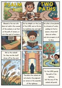 Free Bible comic of Psalm 1 for kids. Colorful illustration showing the two paths — the righteous and the wicked — using every word from Scripture. Perfect for posters, take-home sheets, and family devotion.