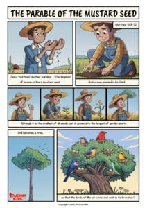 Free Bible comic of the Parable of the Mustard Seed (Matthew 13:31–32). Colorful illustration for children showing how the smallest seed grows into the largest tree. Perfect for teaching, family devotion, and Sunday school.