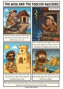 Free kids Bible comic on Matthew 7:24–27. The wise man builds on the rock, the foolish on sand. Perfect for Sunday school, posters, and family devotion. A bright and engaging illustration showing the parable of the wise and foolish builders. Perfect for posters, take-home sheets, Sunday school lessons, and family devotion time.
