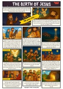 A free printable Bible comic for children telling the story of Jesus’ birth straight from Scripture. Follow the journey from the prophecy of Isaiah to the manger in Bethlehem, the angels’ announcement to the shepherds, and the visit of the wise men.