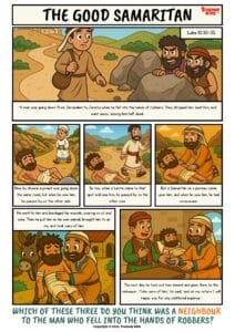 Free Bible comic of The Good Samaritan (Luke 10:30–35). A colorful illustration for children showing how a Samaritan showed kindness to a man in need. Perfect for Sunday school, family devotion, and teaching compassion.