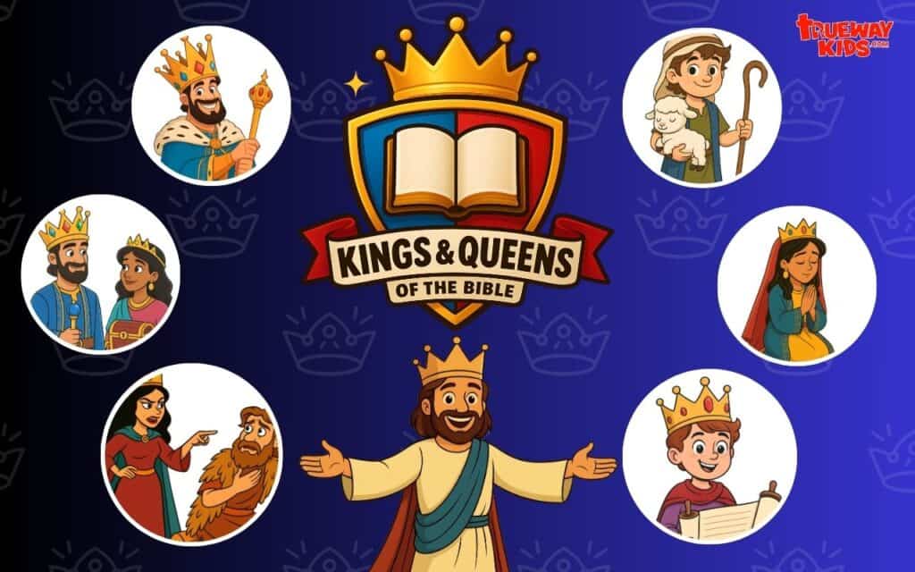Colorful header for Kings & Queens of the Bible kids series, showing Bible characters like King Saul, Queen Esther, and King Jesus.