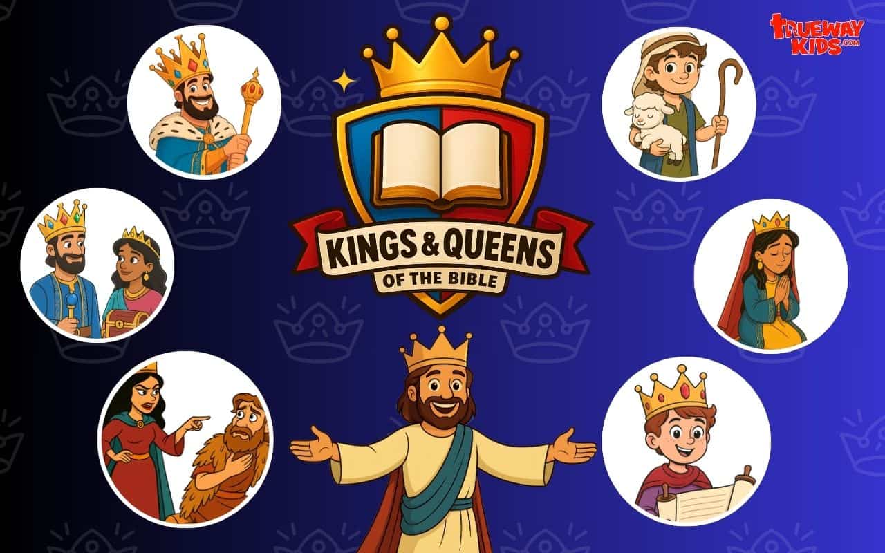 Colorful header for Kings & Queens of the Bible kids series, showing Bible characters like King Saul, Queen Esther, and King Jesus.