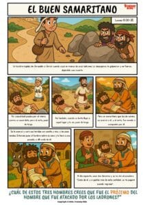 Cómic bíblico gratuito del Buen Samaritano (Lucas 10:30–35). Historia ilustrada que enseña a los niños sobre la compasión y el amor al prójimo. Perfecto para escuela dominical y el hogar.