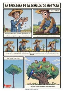 Cómic bíblico gratuito de Trueway Kids sobre la Parábola de la Semilla de Mostaza (Mateo 13:31–32). Enseña cómo el Reino de Dios comienza pequeño pero crece con fuerza. Ideal para escuela dominical y devociones familiares.