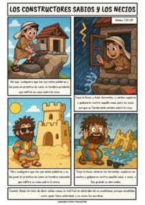 Cómic bíblico de Mateo 7:24–27. Enseña a los niños la parábola de Jesús sobre construir la vida sobre la roca. Descarga gratuita para enseñar obediencia y fe.