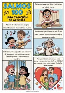 Cómic bíblico gratuito del Salmo 100 para niños. Ilustración alegre que enseña a alabar y agradecer al Señor con gozo. Ideal para escuela dominical y devociones familiares.