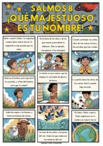 Aprende el Salmo 8 con este cómic colorido de Trueway Kids. Enseña a los niños cómo Dios creó el mundo y cuida de nosotros. Perfecto para enseñar adoración y gratitud.