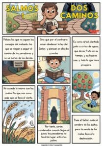 Cómic bíblico gratuito del Salmo 1 para niños. Ilustración colorida que muestra los dos caminos — el de los justos y el de los malvados — usando cada palabra de la Escritura. Ideal para escuela dominical y devociones familiares.