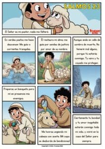 Cómic bíblico del Salmo 23 con bellas ilustraciones. Enseña que Dios es nuestro Pastor amoroso que cuida, protege y guía a Su pueblo. Descarga gratuita de Trueway Kids.