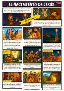 Un cómic bíblico gratuito para niños que cuenta la historia del nacimiento de Jesús directamente de la Biblia. Sigue la profecía de Isaías, el viaje a Belén, el nacimiento del Salvador, el anuncio de los ángeles a los pastores y la visita de los sabios.