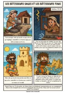 BD biblique gratuite de Matthieu 7:24–27. Jésus enseigne l’importance de bâtir sa vie sur le roc de Sa Parole.
