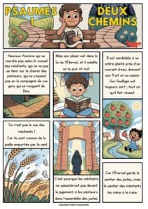 Découvrez la BD biblique gratuite de Psaumes 1 pour enfants. Chaque mot vient de la Bible. Apprenez la différence entre le chemin des justes et celui des méchants avec des illustrations colorées.