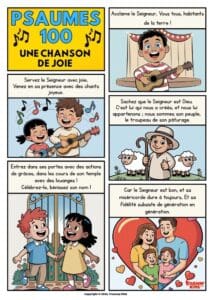 BD biblique gratuite du Psaume 100 pour enfants. Encourage les enfants à louer Dieu avec joie et reconnaissance. Parfait pour la dévotion familiale.