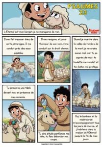 BD biblique gratuite du Psaume 23 pour enfants. Dieu est notre Berger plein d’amour qui nous guide, protège et pourvoit à nos besoins.