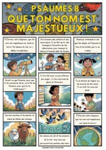 BD biblique gratuite de Psaumes 8 pour enfants. Apprends comment Dieu a créé le ciel, la terre et confie à l’homme un rôle spécial. Chaque mot vient de la Bible.