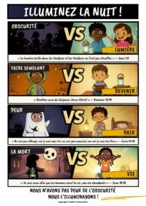 Une ressource chrétienne gratuite pour Halloween intitulée “Illuminez la Nuit”, présentant des contrastes bibliques tels que obscurité vs lumière, faire semblant vs devenir comme Jésus, peur vs paix et mort vs vie. Disponible en anglais, espagnol, portugais et français. Parfait pour les églises, les familles et le ministère auprès des enfants.