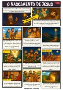 Um quadrinho bíblico gratuito para crianças contando a história do nascimento de Jesus diretamente das Escrituras. Acompanhe a profecia de Isaías, a viagem até Belém, o nascimento do Salvador, os anjos anunciando aos pastores e a visita dos sábios.