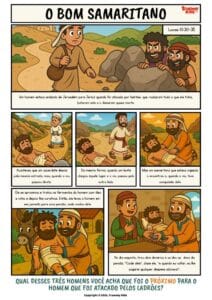 Quadrinho bíblico gratuito do Bom Samaritano (Lucas 10:30–35). Ilustração colorida mostrando compaixão e amor ao próximo. Perfeito para Escola Bíblica, casa ou devoções em família.
