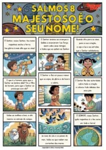 Aprenda o Salmo 8 com este quadrinho colorido da Trueway Kids. Mostra como Deus criou tudo e se importa conosco. Perfeito para ensinar louvor e adoração. Download gratuito em PDF.
