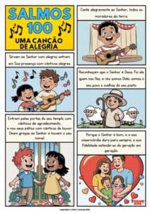 Quadrinho bíblico gratuito do Salmo 100 para crianças. Uma história alegre que ensina a louvar e agradecer ao Senhor. Perfeito para Escola Bíblica e devoções em família.
