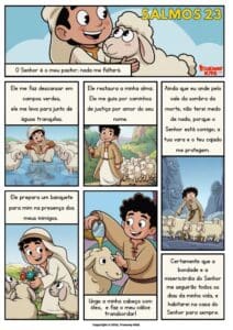 Quadrinho bíblico do Salmo 23 da Trueway Kids. Belas ilustrações mostrando Deus como o Pastor que cuida, protege e ama. Ideal para Escola Bíblica e devoções em família.