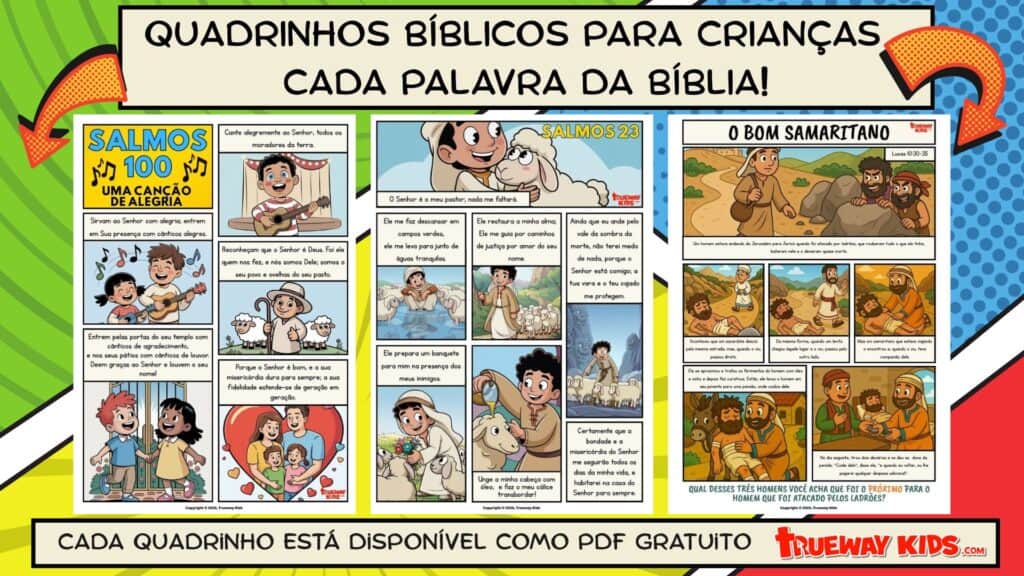 Descubra os Quadrinhos Bíblicos para Crianças da Trueway Kids! Cada história é ilustrada com cores vibrantes e o texto direto da Bíblia. Perfeito para Escola Bíblica, devoções em família e ministérios infantis. Baixe grátis Salmos, Parábolas e outras histórias bíblicas.