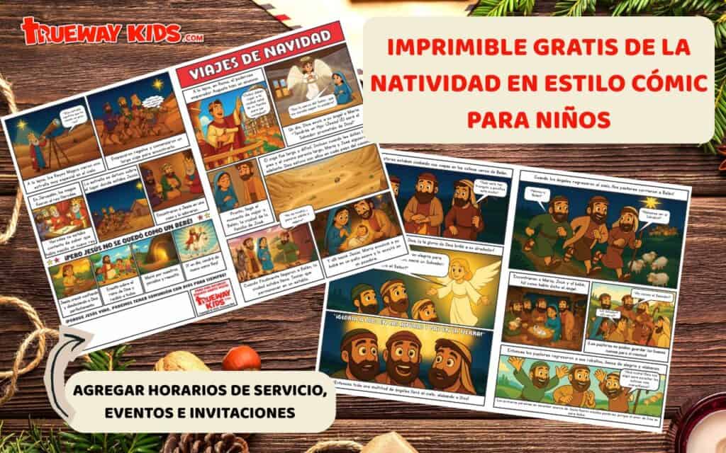Folleto bíblico infantil en estilo cómic sobre la historia de la Navidad con espacios para añadir horarios de servicios y eventos de la iglesia. Recurso cristiano gratuito de Trueway Kids para compartir el nacimiento de Jesús con los niños.