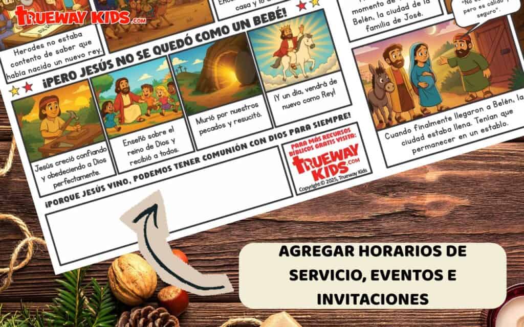 Folleto bíblico infantil en estilo cómic sobre la historia de la Navidad con espacios para añadir horarios de servicios y eventos de la iglesia. Recurso cristiano gratuito de Trueway Kids para compartir el nacimiento de Jesús con los niños.