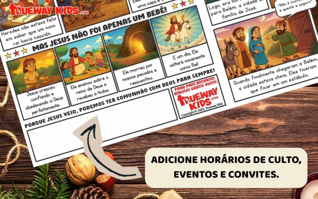 Quadrinho gratuito do Natal para crianças! Perfeito para evangelismo, Escola Dominical e eventos de Natal. Inclui espaço para adicionar horários de culto e convites da igreja. Ensine a história de Jesus com ilustrações divertidas e texto bíblico simples. Baixe e imprima hoje mesmo!