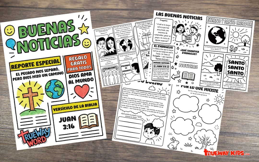 Páginas de la lección bíblica “BUENAS NOTICIAS” de Trueway Word, con ilustraciones tipo doodle, cómics, versículos y actividades creativas que explican Juan 3:16 y el mensaje del Evangelio para preadolescentes.