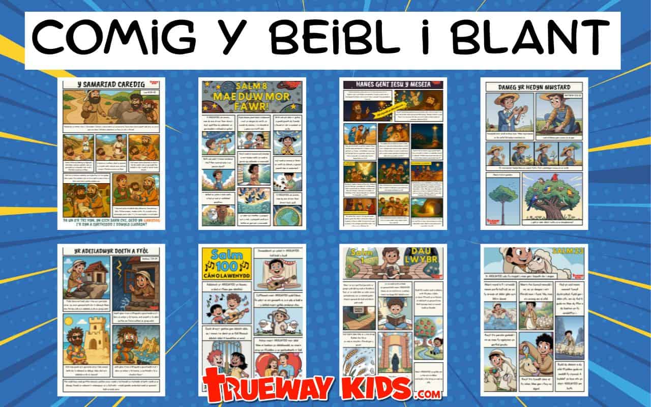 Comics Beibl Cymraeg am ddim i blant – lluniau lliwgar, testun Beiblaidd, ac adnoddau gwych i ddysgu’r Beibl mewn ffordd hwyliog ac addysgiadol.