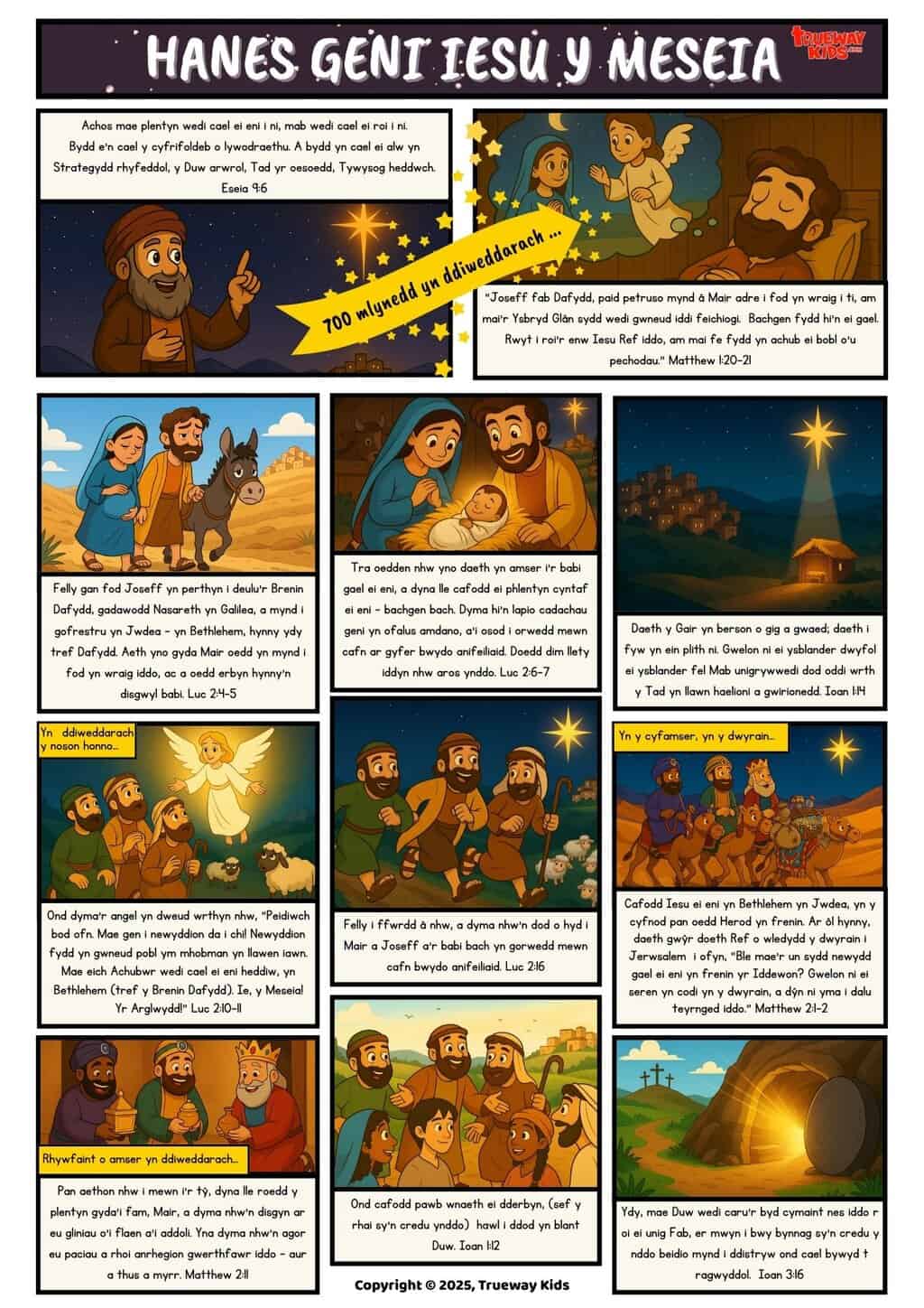 Hanes Geni Iesu y Meseia – Comic Beibl i Blant - Dysgwch stori geni Iesu mewn ffordd hawdd a lliwgar i blant. Comic Beibl am ddim gyda testun uniongyrchol o’r Beibl.