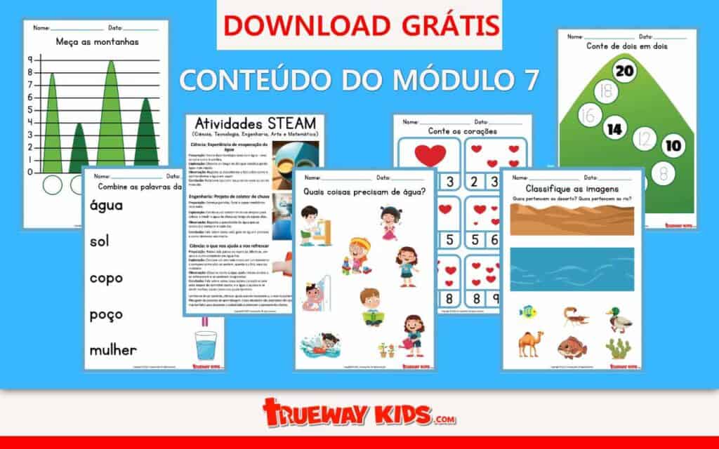 Exemplo de páginas do Módulo 7 de material bíblico infantil, com atividades como medir montanhas, combinar palavras, atividades STEAM, contar corações, classificar imagens e identificar o que precisa de água, com texto “Download Grátis” e logotipo Trueway Kids.