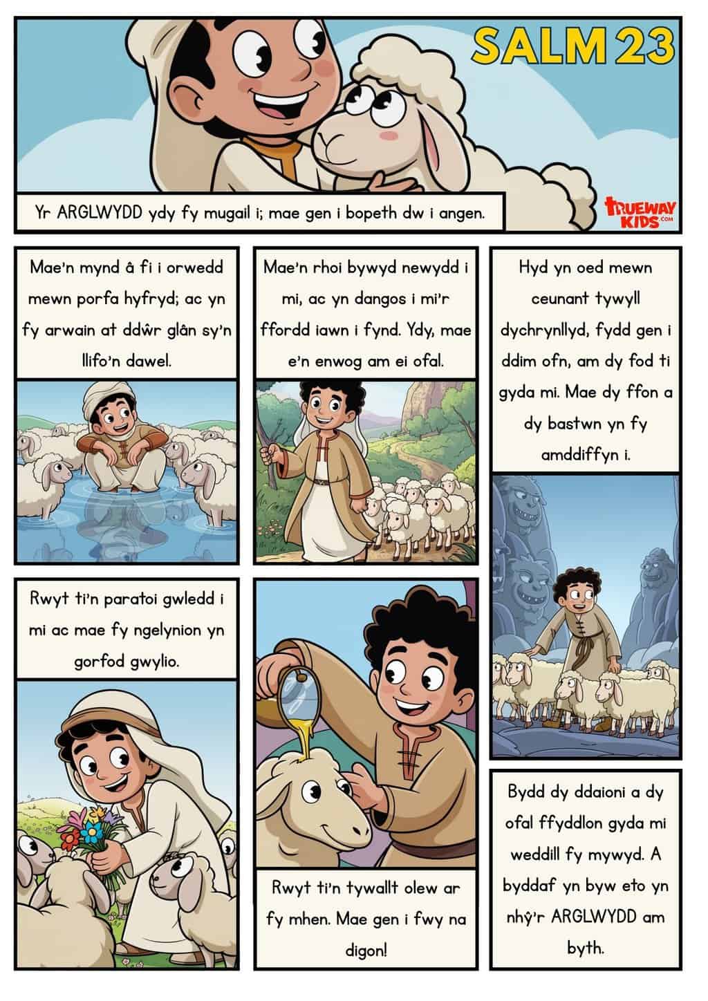 Comic lliwgar i blant yn adrodd Salm 23: “Yr Arglwydd yw fy mugail.” Dysgu’r Beibl mewn ffordd syml, llawen a rhad ac am ddim.