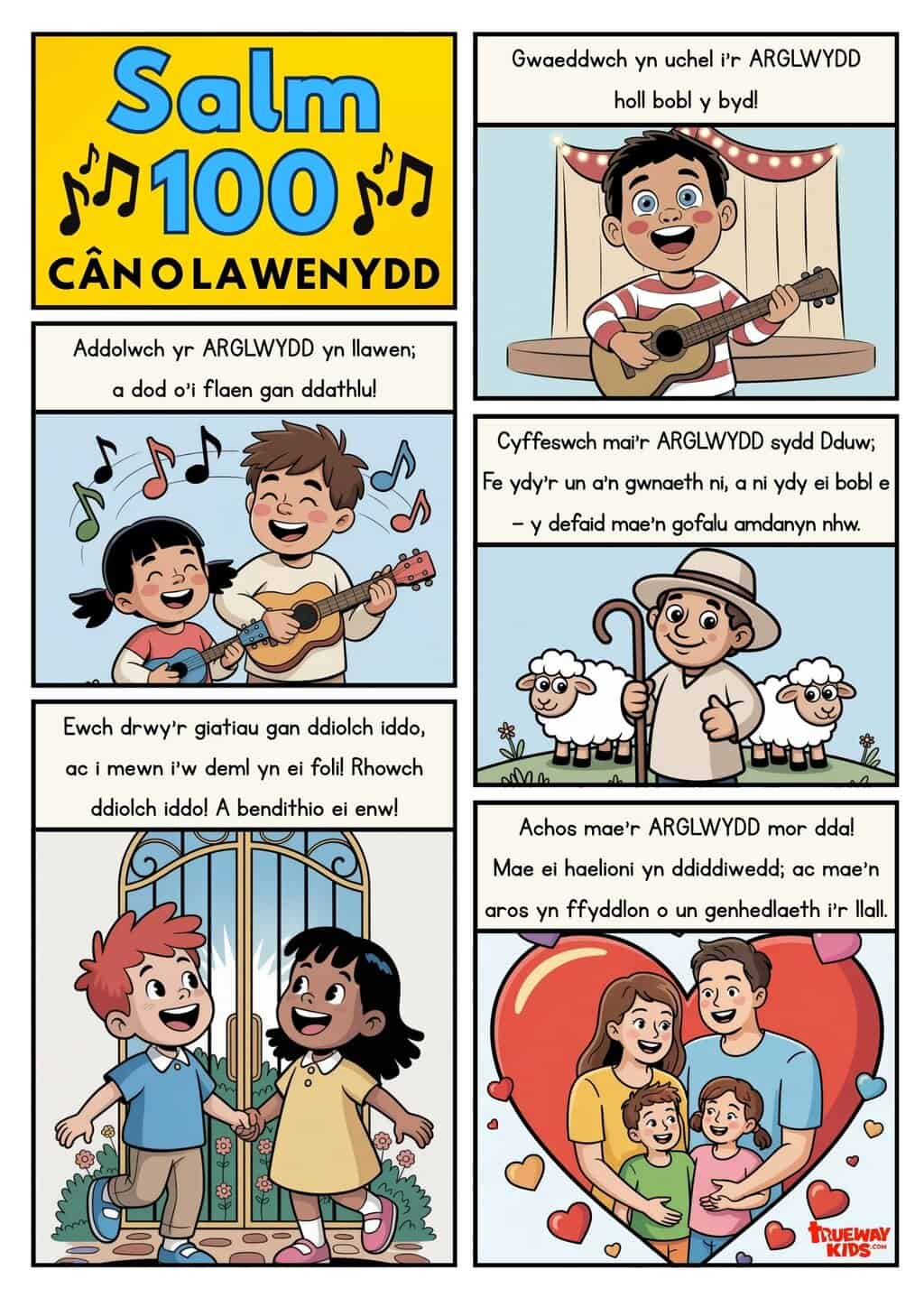 Comic Cymraeg i blant yn adrodd Salm 100. Dysgwch am foli Duw, llawenydd, diolchgarwch a’i gariad tragwyddol.