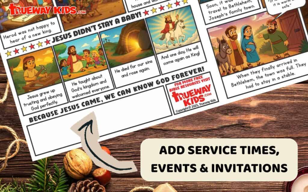 Share the true meaning of Christmas with this free Nativity comic-style printable for kids! Perfect for church outreach, Sunday School & family use. Space included to add your church service times, Christmas events & invitations. Fun Bible comic teaches the story of Jesus’ birth — download and print today!