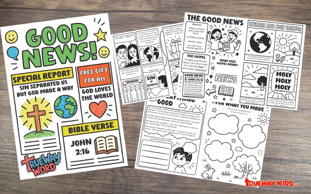 Colourful “Good News” Gospel lesson pages from Trueway Word, featuring doodle-style illustrations, comics, Bible verses, and creative activity pages explaining John 3:16 and the message of salvation.