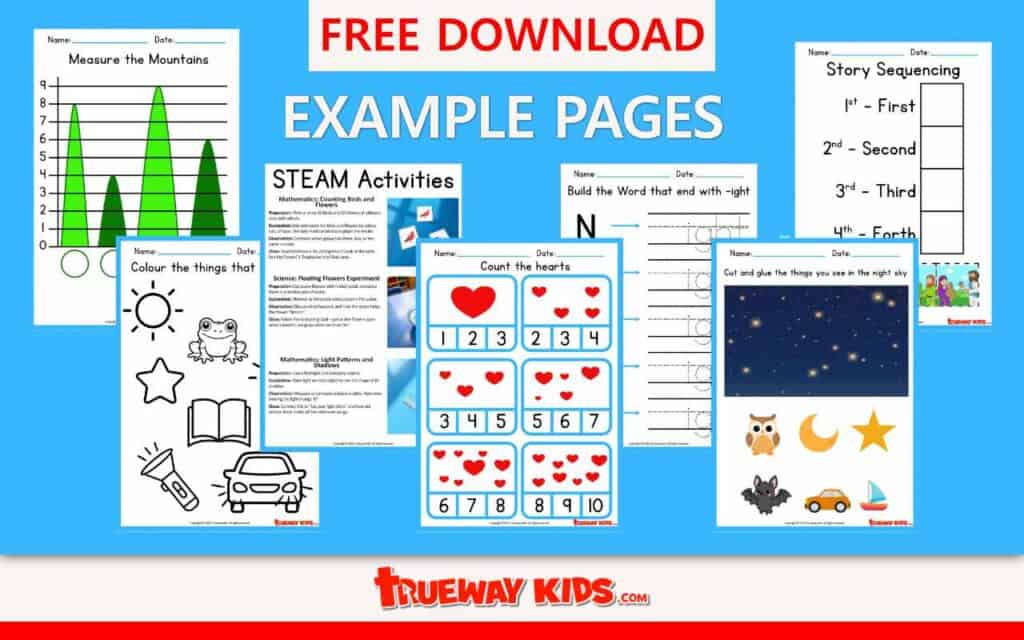 Example pages from Module 7 Bible learning pack for kids showing preschool worksheets, STEAM activities, counting hearts, story sequencing, night sky cut-and-paste activity, and Christian early learning pages with free download banner.
